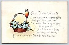 Greetings~All Good Wishes~Robin On Flower Basket~Poem~PM 1924 Postcard picture