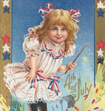 4th of July Victorian Little Girl Firecrackers Sparkler Stars Embossed Postcard picture
