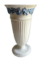 Wedgwood Embossed Queen's Ware Etruria Barlaston White w/Blue Bud Vase 6.5”H picture