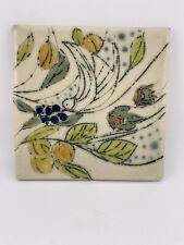 VTG Hand Painted Ceramic Tile Trivet Bird & Fruit Themed Signed 6x6 picture