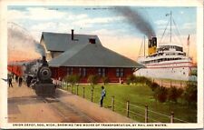 Postcard Union Railroad Station Depot in Soo, Michigan Train and Steamship Dock picture