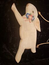 Vintage Handmade Hanging Bunny Rabbit Wooden Carved Floral Rustic Two Sided picture