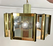 VTG MCM Fredrick Ramond Brass Smoked Glass Octagon Light Fixture Chandelier picture