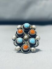 IMPRESSIVE VINTAGE NAVAJO SLEEPING BEAUTY TURQUOISE & CORAL STERLING SILVER RING picture