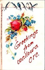 Greetings Wallowa OR Bluebirds Birds Roses Flowers Embossed c1910 postcard EP2 picture