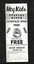Vintage Johnston's Instant Chocolate Compass Ring Offer Flyer picture