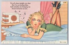 Postcard Comic Beautiful Lady In Stockings High Heels On Bed Radio Vintage picture