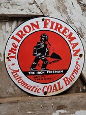 VINTAGE IRON FIREMAN PORCELAIN SIGN OLD AUTOMATIC COAL BURNING FURNACE HEATING picture