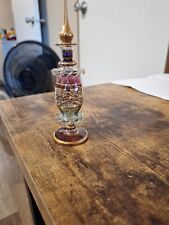 Vintage Egyptian Hand Blown  Purple Etched Glass Perfume Bottle Gold Trim 5 1/2