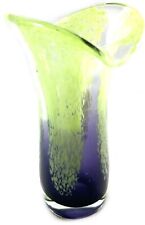 Vintage Teleflora Glass Vase Green Specked Purple Bottom Flared Top 8” Tall picture