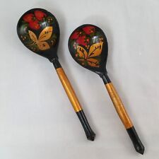 Vintage Russian Khokhloma Hand Painted Strawberry Wood Spoons Lot Of 2 picture