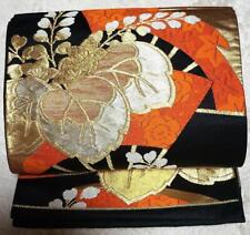 Japanese 6.Antique Fukuro Obi Pure Silk Patterns Paulownia Gold Thread picture