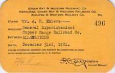1921 GREEN BAY KEWAUNEE AHNAPEE COPPER RANGE AGT LOW# 496 RAILWAY RAILROAD PASS  picture
