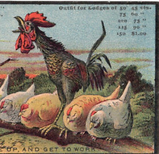 1883-84 The Credit System Roswell H. Hassam Trade Card Rooster Hens Wake Up picture