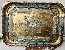 Vintage Rectangular Turquoise and Gold Florentine Tray Legno Wood Made In Italy picture