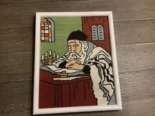 Vintage Handmade Framed Petit Point Needlepoint Judaica Rabbi Studying Torah picture