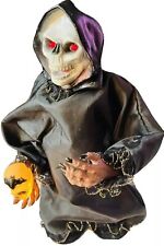 HALLOWEEN ANIMATED GRIM REAPER RARE VTG SKULL HOOD RED EYES DEATH WORKS CLAP ON picture