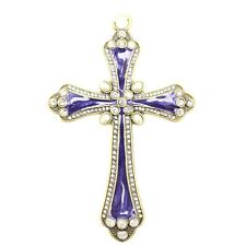 Ornately Jeweled Hanging Wall Cross Purple Tones Antiqued Die Cast Brass 5-1/2