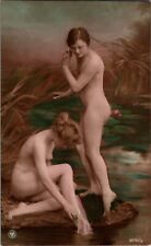 Risque Women by Water 1910s Colorized Real Photo Postcard RPPC Germany, Scarce picture