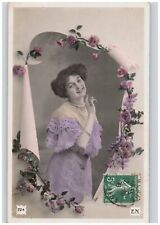 Hand Painted Woman in Lavender Lace Dress with Flowers Studio RPPC picture