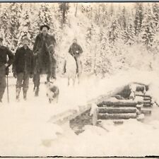 c1910s OOAK Winter Snow Outdoor RPPC Log Bridge White Horse Holace John? PC A245 picture
