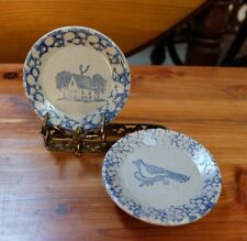 Rustic Vintage Beaumont Brothers Two Spongeware Stoneware Butter Pats House Bird picture