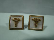 Pair of Vintage Medical Service Caduceus Gold Toned Mother of Pearl Cuff Links picture