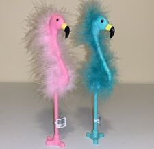 Set of 2 FEATHERY FLAMINGO BIRDS Novelty Blue Ink Pens Pink and Teal NOS picture