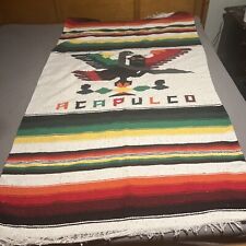 Vintage Mexican ACAPULCO Wool Cotton Blend? Blanket Rug 46” X 82” Saddle Bl picture