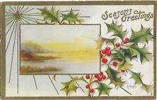 Vintage Artist Signed A/S A. Hall Seasons Greetings Holly Gilt Postcard picture