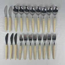 21 Pc Lot VTG Stainless Steel Flatware Ivory Plastic Handle Knives Forks Spoons picture
