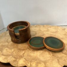 Vintage MCM Agate Geode Stone Wood Caddy Coasters Set picture