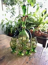 VTG GLAM 1950's Hand Made Romanian Green Glass Decanter Set W/ Stopper 6 Glasses picture