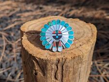 Zuni Ring Native American Sterling Silver Turquoise Sun face Kachina sz 8.5US picture
