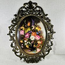 VTG Victorian Floral Oval Ornate Brass Framed Picture FR Italy Flowers Bouquet picture