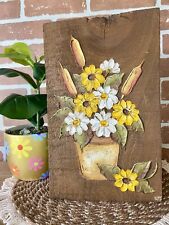 Vintage 1975 Handmade Floral Daisy 3D Raw Wood Wall Plaque Yellow Brown White picture