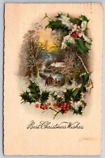 Best Christmas Wishes~Winter House Scene In Holly Frame~PM 1924~Vintage Postcard picture