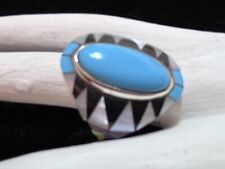 Navajo Sterling Sleeping Beauty Turquoise Onyx Shell Ring #950 SIGNED picture