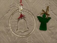 Vtg.? Large 8 in. hand blown clear/green glass ornaments MJ Designs bell/angel picture