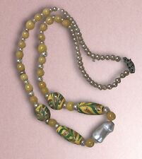 Antique Venetian Yellow Green Glitter Lampwork Italian Bead Trade VTG Necklace picture