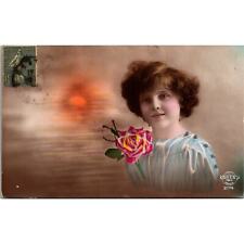 Vintage Edwardian D.S.E.B. Paris Postcard Beautiful Girl with Rose Painted 1900s picture