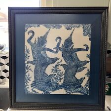 Vtg 1970’s Thai Charcoal Rubbing Rice Paper Art Framed Blue Temple Dancers picture