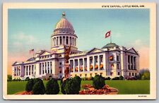 Arkansas Ar State Capitol Little Rock American Flag Linen Unp Postcard picture