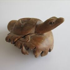 VTG Wood Sculpture Sea Turtle Heart Ashtray Burl Wood Carving picture
