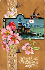 Vintage C. 1910 Wishing You Merry Christmas Wallpaper Stripe Shenandoah Postcard picture
