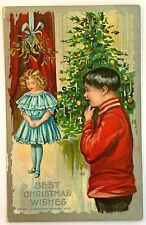 Christmas Vintage Postcard AMP Alcan Moss Children Girl Mistletoe Tree Silver picture