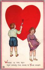 c1910s VALENTINE'S DAY Postcard Girl & Boy with Key to Heart STECHER 518B Unused picture