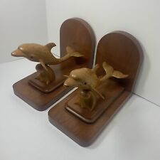 Hand Carved Wooden Dolphin Bookends Set Of 2. Felt Bottom. Great Condition picture