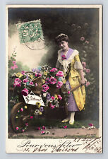 RPPC ALFRED NOYER REUTLINGER Portrait French Woman Flowers St. Jeanne Postcard picture