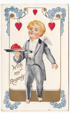 Cupid Disguised as Waiter Serves up Hearts for Valentine's Day Vintage Postcard picture